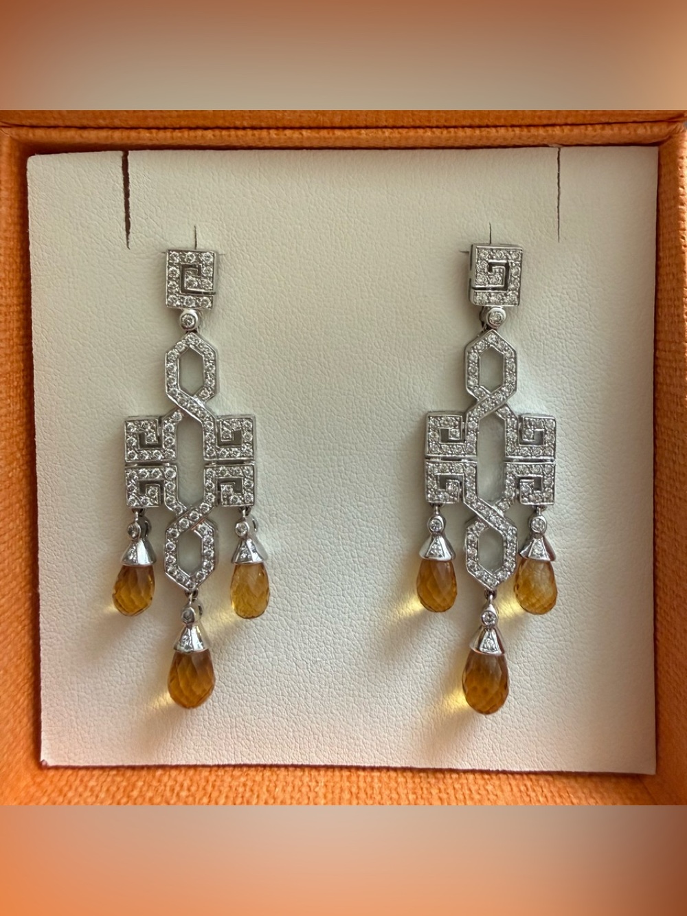 NIB Auth GOLD chandelier EARRINGS 750/18K; diamonds+citrines Made in Italy 15g